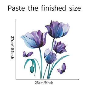Adesivo murale impermeabile con fiori viola e farfalle, dimensioni 27x23 cm