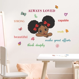 Cartoon girl wall stickers with motivational words and butterflies for kids' room