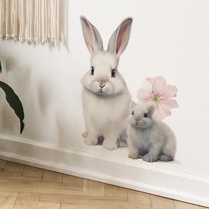 Detailed wall sticker showing a realistic mother and baby bunny with pink flowers