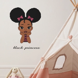 Black Princess cartoon girl wall sticker with afro hair and pink bow for kids room
