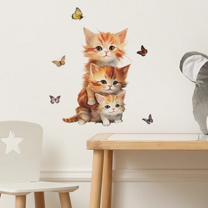 Cartoon orange kittens and butterflies wall stickers for living room home decoration