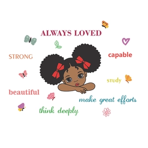 Cartoon African girl wall stickers with inspirational quotes and colorful butterfly decor