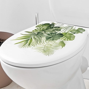 Detail of tropical monstera leaf wall stickers for bathroom toilet lid decoration