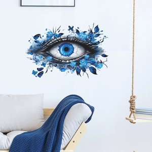 Detailed wall sticker featuring a blue eye with flower clusters and butterfly accents