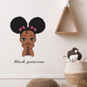 Cartoon Afro Girl Black Princess Wall Sticker PVC Removable Printed Wall Decal For Kids Room Bedroom Background Decoration
