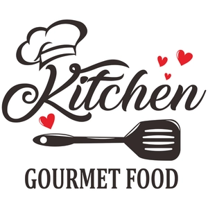 Self-adhesive Kitchen wall sticker featuring Chef Hat, Gourmet Food text and Spatula icon