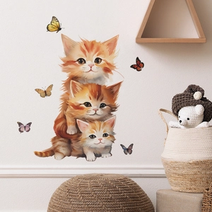 Cute cartoon orange cats and butterflies wall stickers for living room home decor