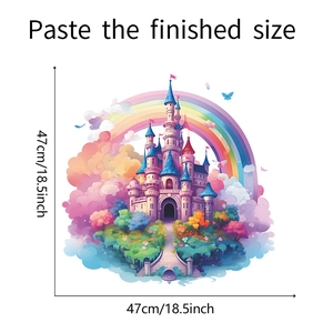 Detail view of colorful cartoon castle wall sticker showing 47cm x 47cm finished size