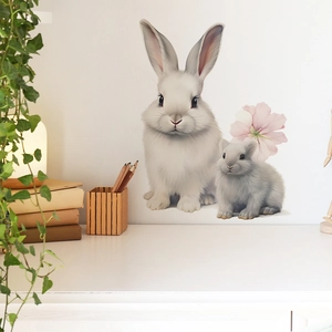Cute realistic bunny wall stickers with pink flower for home and bedroom wall decoration