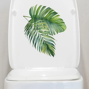 Waterproof tropical palm leaf toilet lid sticker with green watercolor leaves for bathroom decor