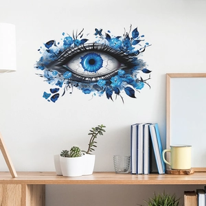 Artistic blue eye wall decal with flowers and butterflies for modern living room decor