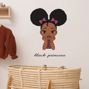 Cartoon wall decal for kids rooms featuring a black princess with cute afro puffs