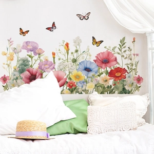 Floral watercolor wall stickers with colorful butterflies for living room wall decoration
