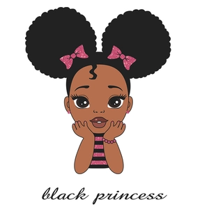 Cartoon African girl wall sticker with black princess text and pink glitter bows