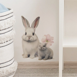 Cute cartoon rabbit wall stickers with flowers for kids bedroom background decoration