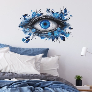 Artistic wall sticker featuring a blue eye with floral motifs and flying butterflies