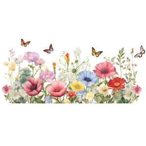 Colorful floral wall stickers with butterflies and wildflowers for living room decor