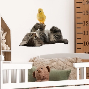 Sticker mural chat rayé et poussin jaune pour décoration de chambre d'enfant