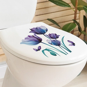 Adesivo impermeabile per coperchio WC con fiori di tulipano viola e decoro di farfalle