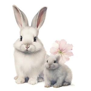 Cute hand-drawn rabbit stickers with white and grey bunnies and pink flowers for wall decor