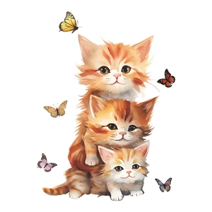 Cartoon watercolor cats and colorful butterflies wall decals for home living room decor