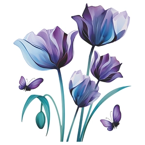 Adesivi murali autoadesivi impermeabili con tulipani viola a inchiostro e farfalle volanti