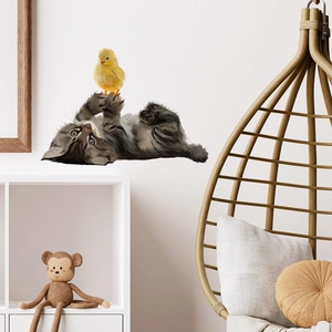 Sticker Mural Décoratif Chat Et Poussin En PVC Imperméable Autocollant Mural Amovible Pour Chambre D'enfant Maison Art Décor