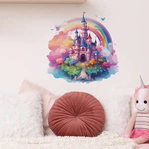 Cartoon castle and rainbow wall stickers for children bedroom decor, self-adhesive wallpaper