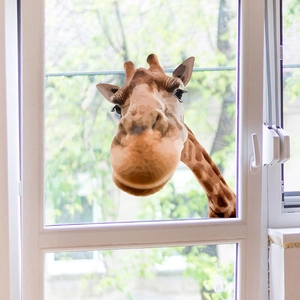 Creative giraffe wall sticker peering through window glass for home wall decoration