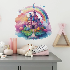 Detailed wall sticker showing a dreamy fantasy castle with rainbows and colorful clouds