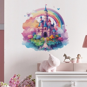 Close-up of fairy tale castle wall decals with colorful rainbows and clouds for kids