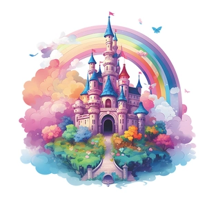 Dreamy fairy tale castle wall sticker with rainbow and colorful clouds for kids' rooms
