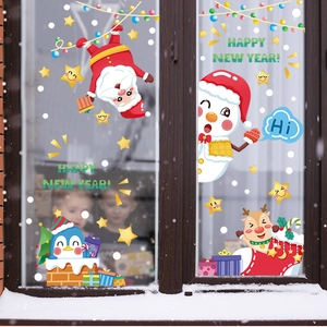 Cartoon Santa and snowman static window clings for Christmas party home glass decoration