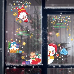 Cartoon Christmas window clings set featuring Santa Claus and Happy New Year stickers