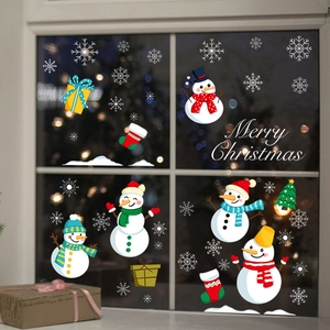 Christmas static window stickers featuring snowmen, snowflakes, and Merry Christmas text