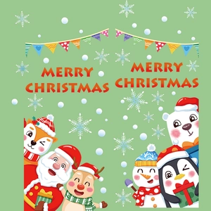 Adesivi natalizi per finestre con Babbo Natale, animali e fiocchi su sfondo verde chiaro
