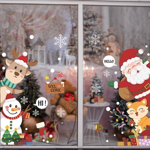Detail showing reusable Christmas static cling stickers with snowman on a glass window