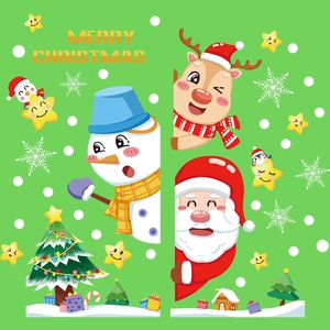 Stickers muraux de Noël avec Père Noël, bonhomme de neige et renne sur fond vert