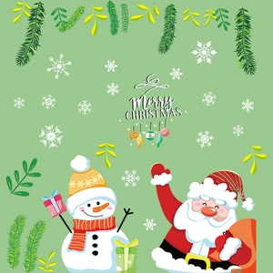 Christmas window decals with snowman, Santa Claus and Merry Christmas lettering on green background