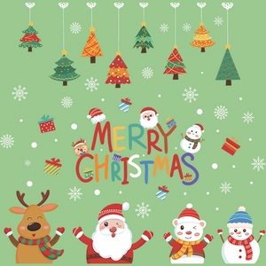 Cartoon Christmas window decals featuring Santa, reindeer, and snowmen on green background