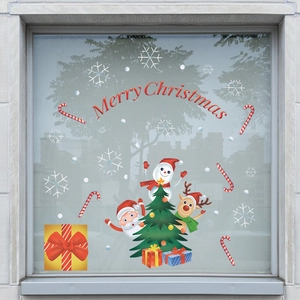 Static Christmas window stickers featuring Santa Claus, reindeer, and Merry Christmas text