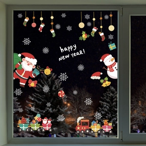 Christmas window static stickers set with Santa, snowman and train on glass background