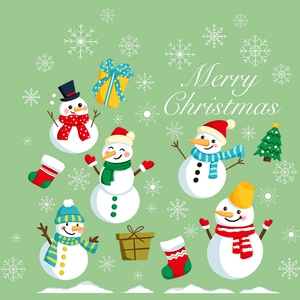 Cute Christmas snowman window stickers set with Merry Christmas text and snowflakes