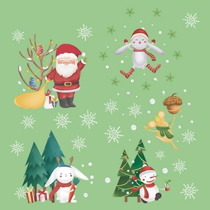 Christmas window stickers featuring Santa, reindeer, and snowman in watercolor style