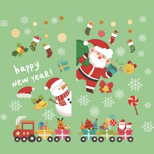 Christmas window stickers set with Santa, snowman, and train for festive home glass decoration