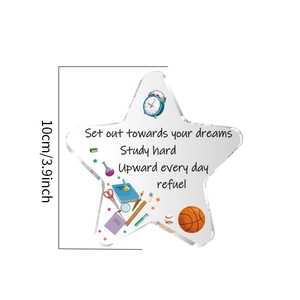 Detail of star-shaped acrylic plaque showing colorful icons and motivational study quotes