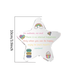 Star-shaped acrylic plaque detail showing 10cm height and colorful cartoon illustrations