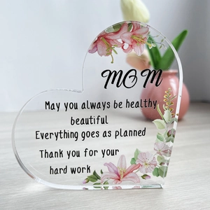 Heart Shaped Acrylic Desktop Ornament Mom Gifts Floral Print Transparent Table Decoration Mother's Day Thanksgiving Remembrance Gift