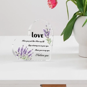 Clear heart-shaped acrylic ornament with lavender floral print and romantic quotes