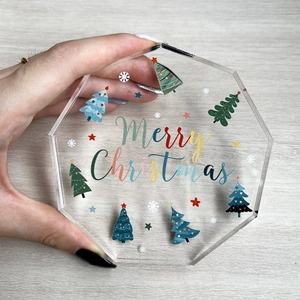 Handheld nonagon transparent acrylic Christmas table ornament with Merry Christmas graphics
